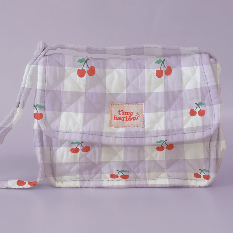 Tiny Harlow Convertible Dolls Nappy Bag Set - Lilac Gingham Cherry *PRE ORDER*