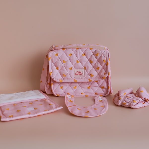 Tiny Harlow Convertible Dolls Nappy Bag Set - Pink Ducky