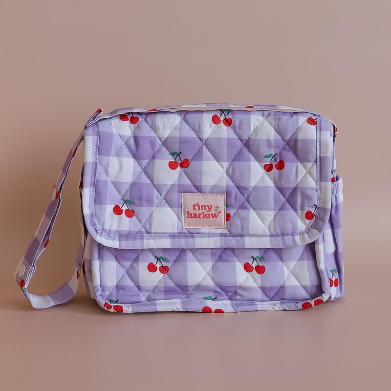 Tiny Harlow Convertible Dolls Nappy Bag Set - Lilac Gingham Cherry