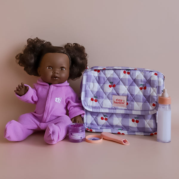 Tiny Harlow Convertible Dolls Nappy Bag Set - Lilac Gingham Cherry