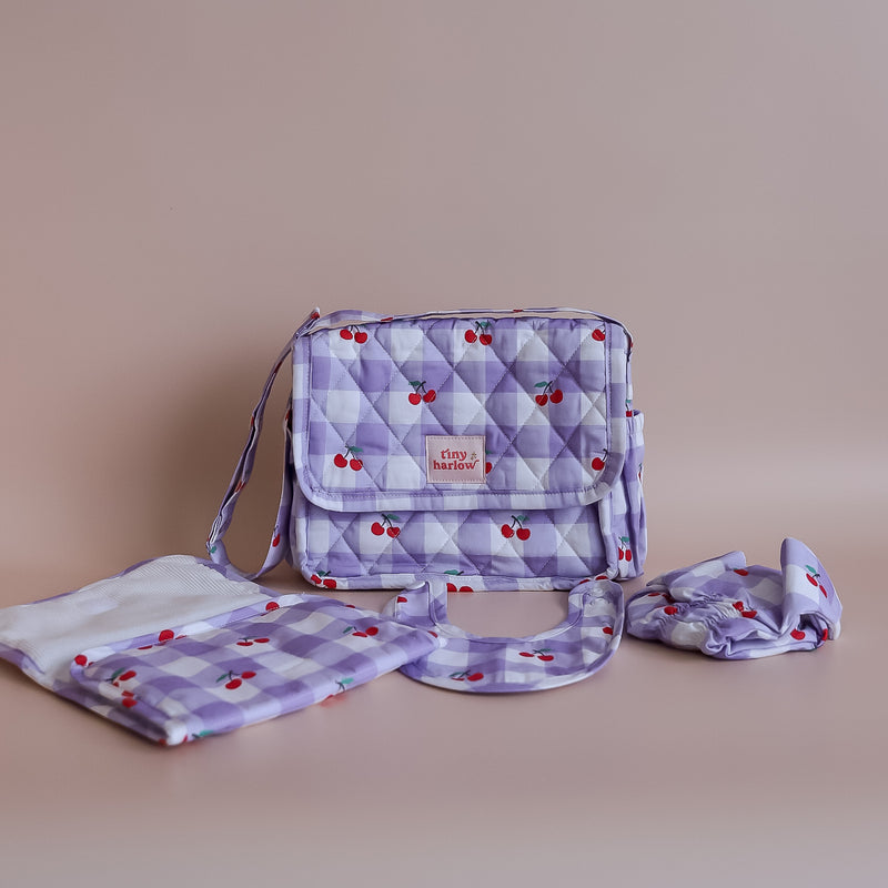 Tiny Harlow Convertible Dolls Nappy Bag Set - Lilac Gingham Cherry