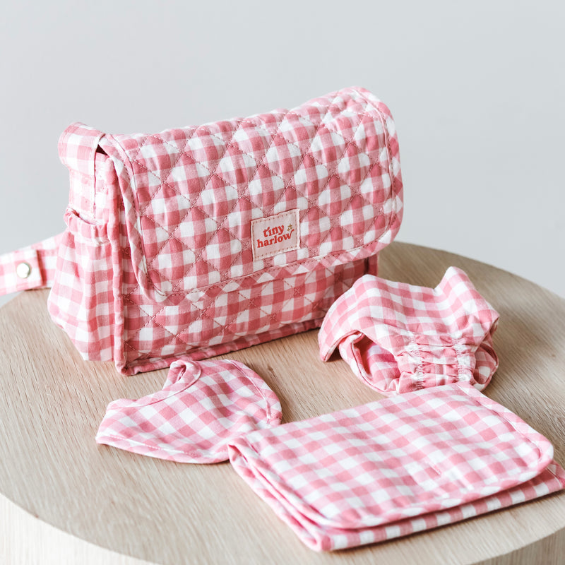 Tiny Harlow Convertible Doll's Diaper Bag set in pink gingham 